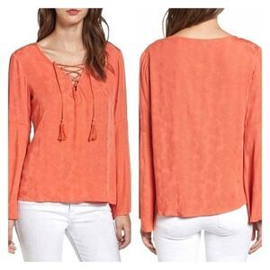 Cupcakes & Cashmere | Jett Lace-Up Paisley Jacquard Bell Sleeve Top | M